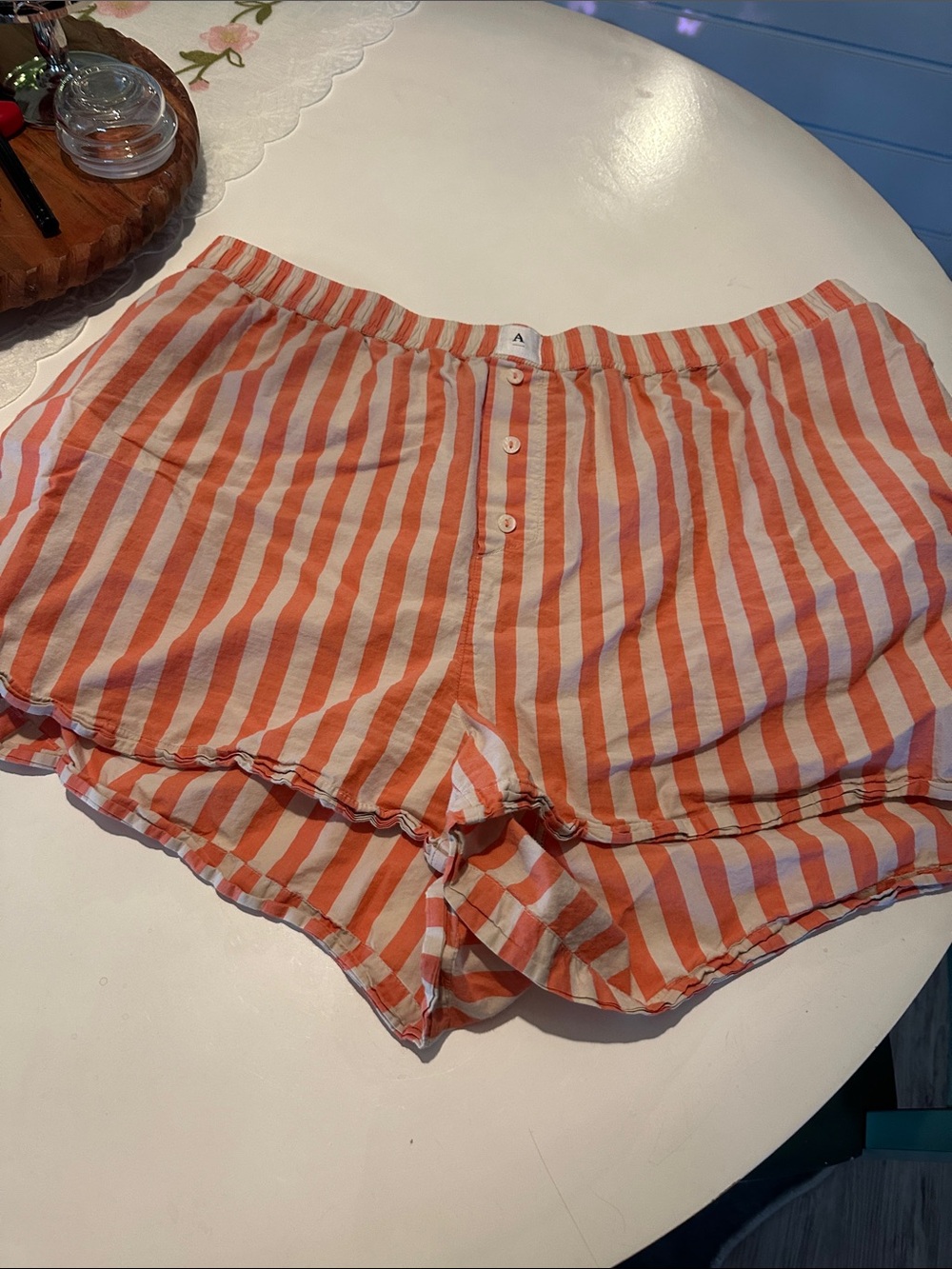 Anthropologie Orange and White Striped High-Waist Lounge Shorts